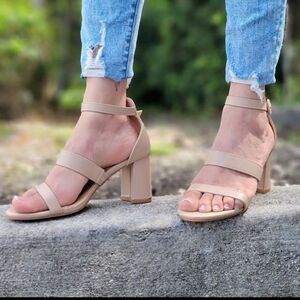 Womens Triple Straps Low Chunky Heels Sandals Nude Color